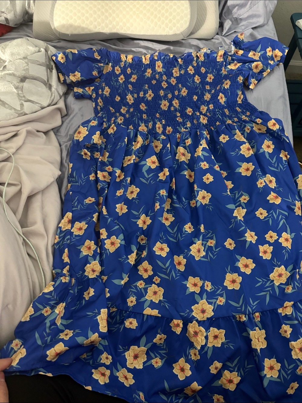 SHEIN Royal Blue Floral Smocked Midi Dress